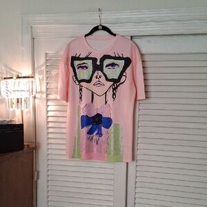 No Brand Pink Sequin Graphic Tee with Bow Detail